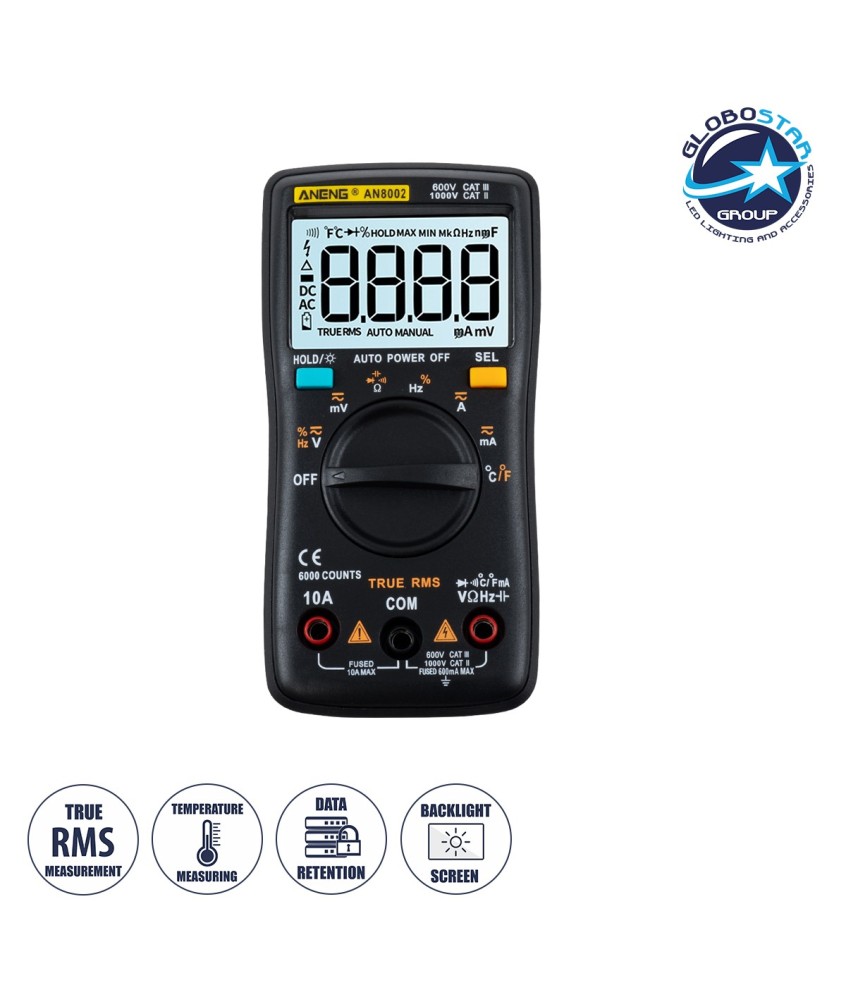 GloboStar® 79975 Ψηφιακό Φορητό Πολύμετρο Data Retantion True RMS Intelligent Automation Μπαταρίας 2 x AAA (Δεν Περιλαμβάνονται) Μετρητής Τάσης AC-DC - Θερμοκρασία - Αμπερόμετρο - Voltmeter - Καπασιτόμετρο - Ohm - Μαύρο